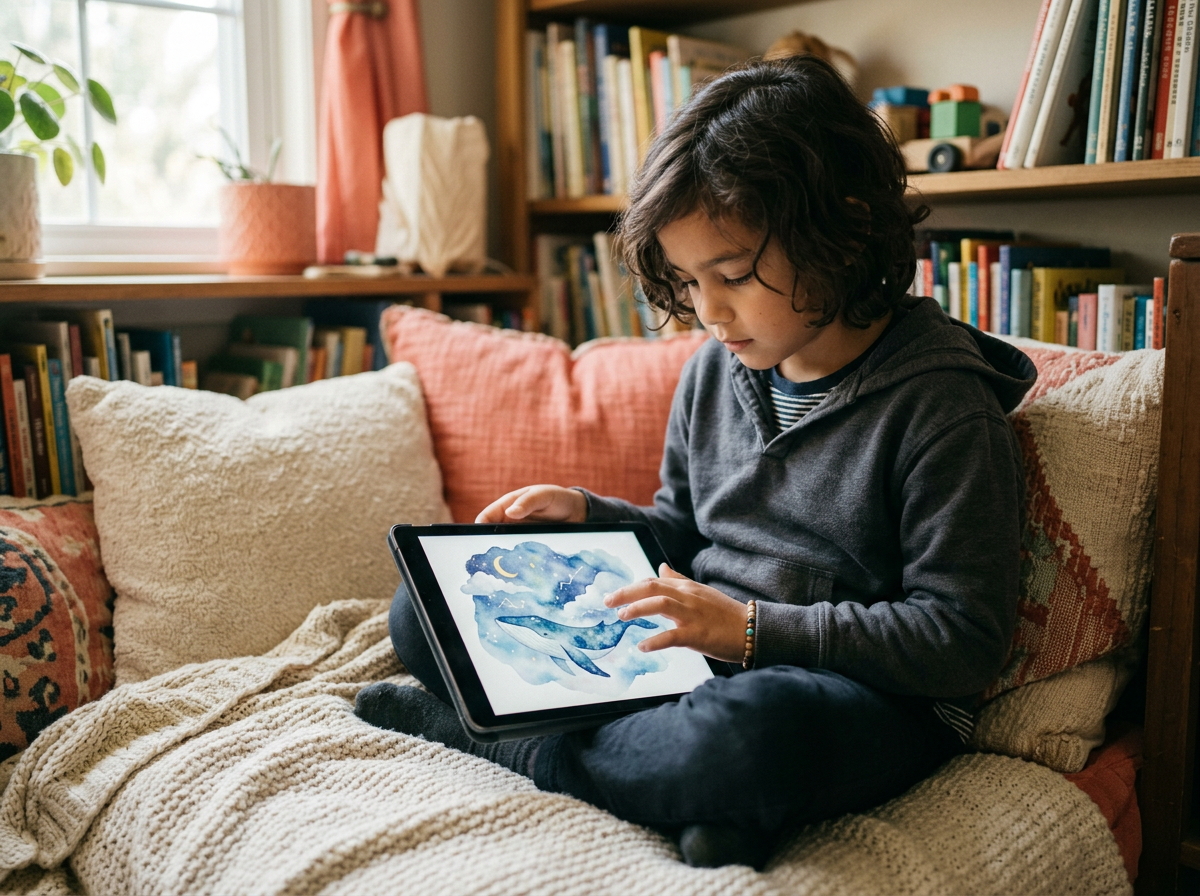 An older child sitting in a cushioned reading nook, reading an illustrated story on a tablet
