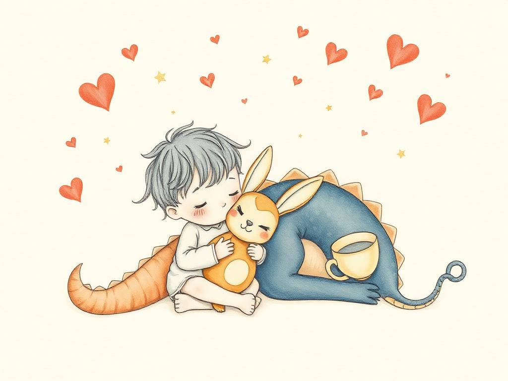 A small child cuddling a plush bunny next to a friendly sleeping dragon, surrounded by tiny hearts and stars