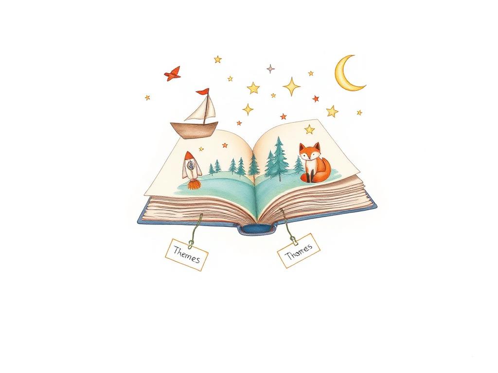An open magical storybook with a paper boat, fox, rocket, and stars spilling out of its pages