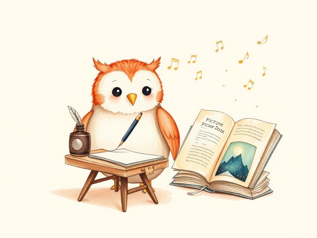 A friendly owl mascot painting a picture book at a tiny desk while musical notes float up from a glowing book of stars